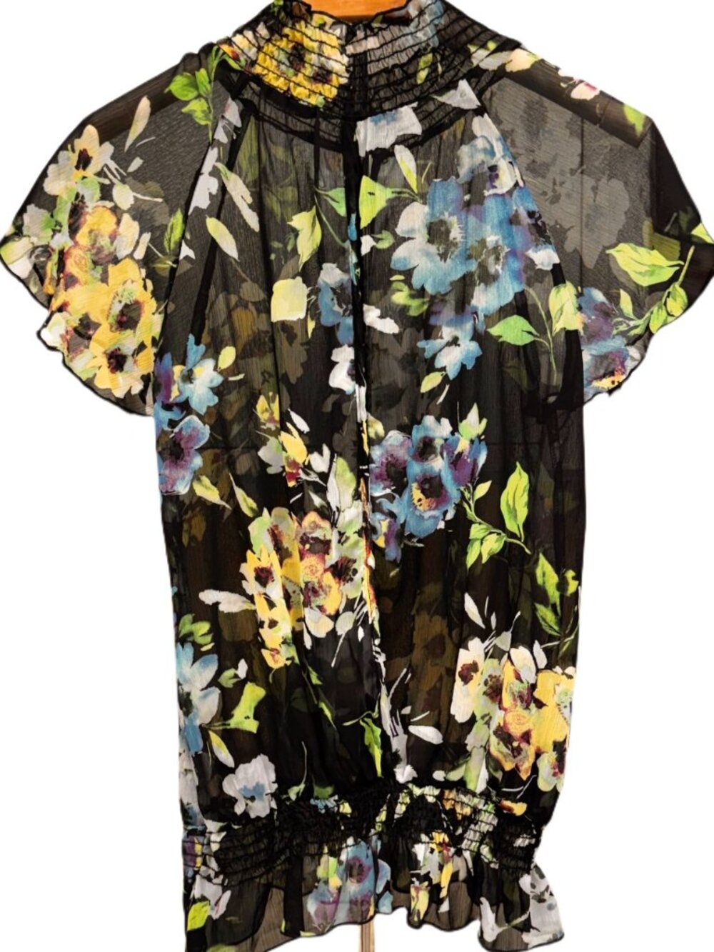 Love Siren Chiffon Semi Sheer Short Sleeve Floral Blouse Smocked High Neck Top